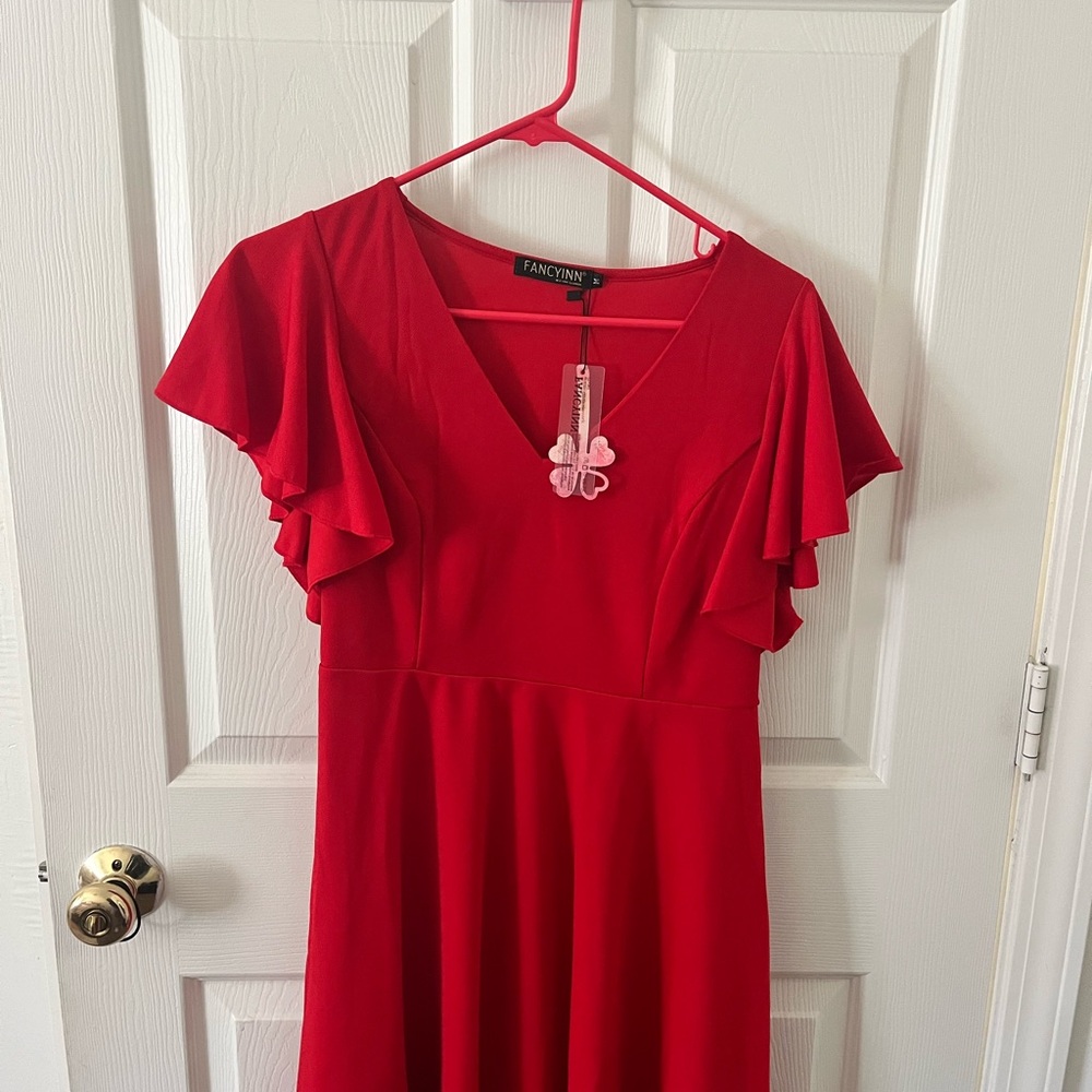 Fancyinn Red Sundress with Flutter Sleeves for Wedding Guest